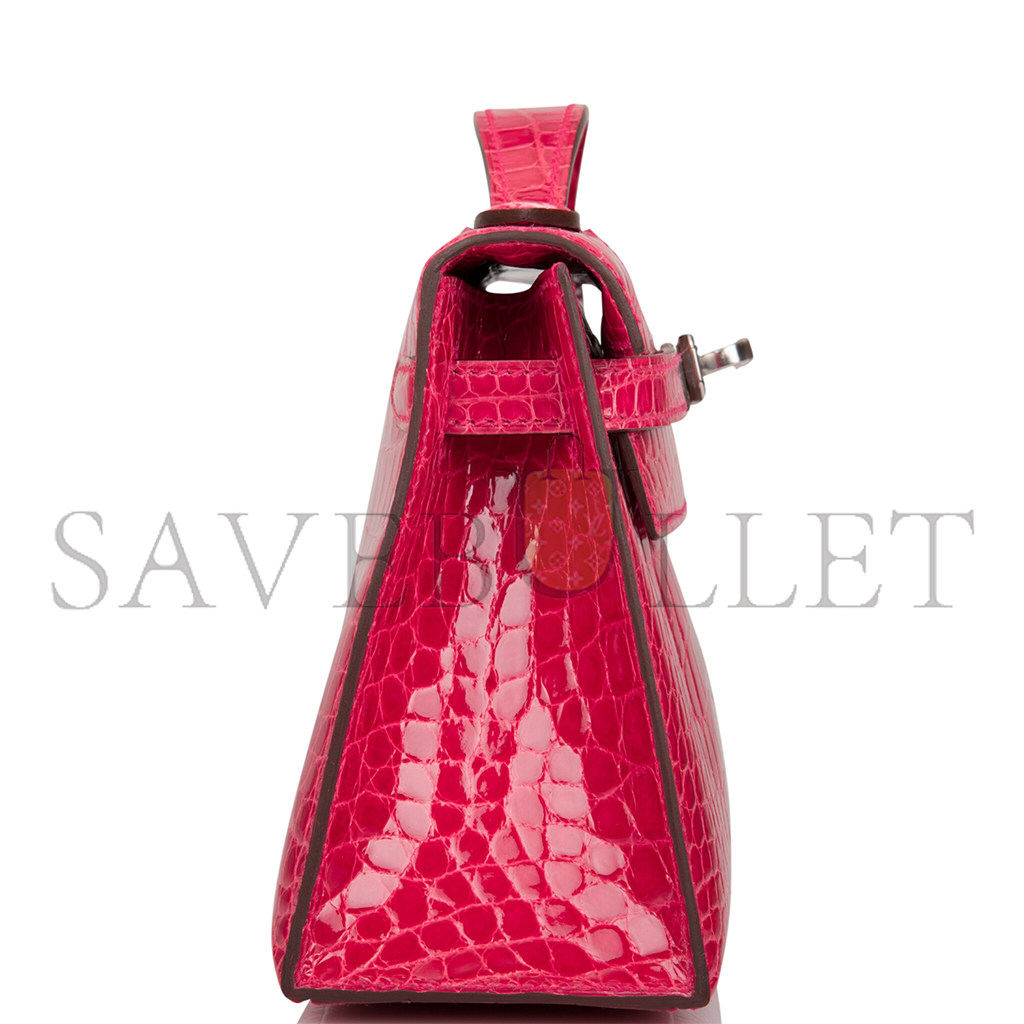 H**mes master rose extreme mini kelly pochette of shiny mississippiensis alligator palladium hardware (22*14*7cm)